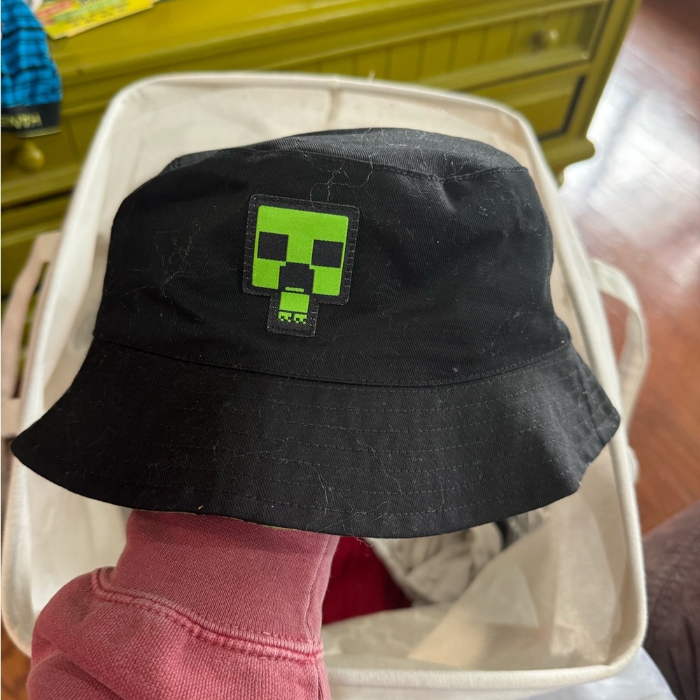 Black Bucket Hat with Green Creeper Design
